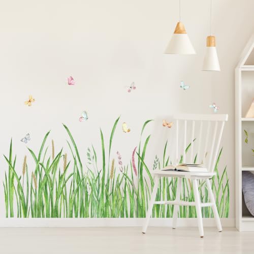 Green Grass Wall Corner Sticker Peel and Stick Flower Butterfly Wall Decal Green Plant Baseboard Skirting Line Wall Sticker for Living Room Decor