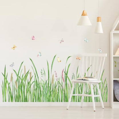 Green Grass Wall Corner Sticker Peel and Stick Flower Butterfly Wall Decal Green Plant Baseboard Skirting Line Wall Sticker for Living Room Decor