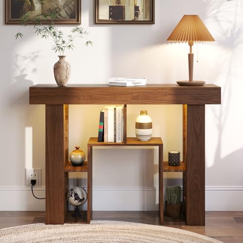 43.3" Narrow Console Table with Outlets and USB Ports, Geometric LED Lighted Entryway Table, Modern 3-Tier Sofa Table Behind Couch with RGB Lights for Living Room, Walnut - color: Console Table-walnut