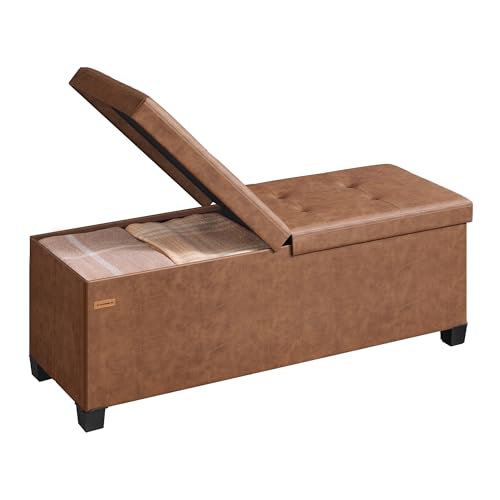 SONGMICS Storage Ottoman Bench with Legs, Folding Ottoman Foot Rest with Flipping Lid, Bench with Storage, for Living Room, Bedroom, Entryway, Synthetic Leather, 43.3 Inches, Coffee Brown ULSF085KQ01 - color: Coffee Brown, style: with Flipping Lid