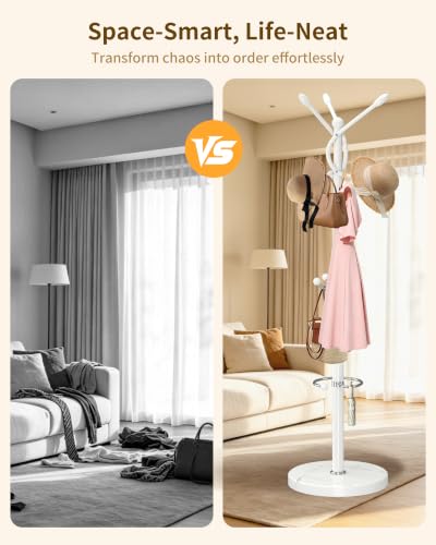 Metal Coat Rack, Modern Coat Rack Stand, Heavy Duty Coat Tree Stand | Coat Rack Freestanding with Natural Marble Base, Coat Racks, White Clothes Tree Hanger Stand with 10 Hooks & Umbrella Holder - color: White-10Hooks