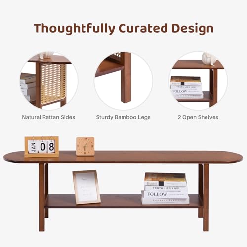 HollyHOME Bamboo TV Stand with Storage for TVs up to 65", Modern Entertainment Center with Rattan Side, Accent TV Table with 2 Shelf, Media Console TV Stand for Living Room, Bedroom, Walnut - color: Walnut Rattan Side