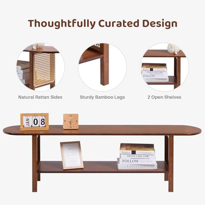 HollyHOME Bamboo TV Stand with Storage for TVs up to 65", Modern Entertainment Center with Rattan Side, Accent TV Table with 2 Shelf, Media Console TV Stand for Living Room, Bedroom, Walnut - color: Walnut Rattan Side