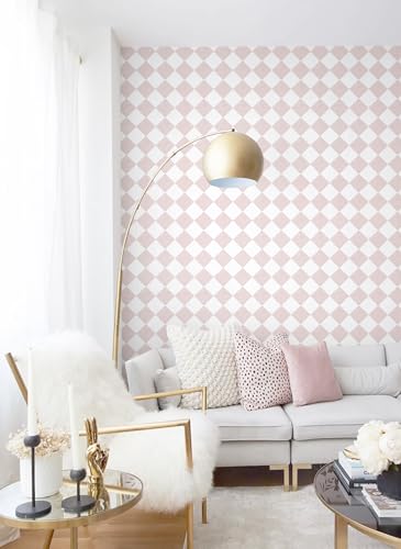 Safiyya 196"x 17.3" Pink and White Checkered Wallpaper Geometric Funky Peel and Stick Wallpaper Self Adhesive Removable Contact Paper Pink Check Wall Paper for Bedroom - color: Pink, size: 17.3" x 196"