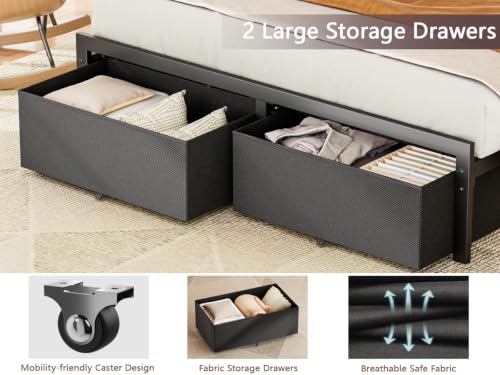 Full Size Bed Frame with 2 Storage Drawers & Upholstered Headboard | Metal Platform Bed with Storage Shelf, Charging Station, LED Lights and Heavy-Duty slats, No Spring Box Needed, Noise-Free - size: Full, style: Bed Frame with Drawer