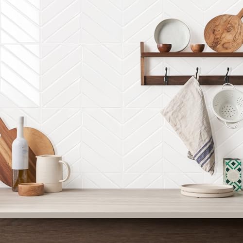 STICKGOO Herringbone Peel and Stick Backsplash, Pure White, 10 Sheets | 12.6 x 9.7 in, Thicker Rectangular Vinyl Stick-On Wall Tiles, Easy Alignment, Waterproof, Easy to Clean, Kitchen/Bathroom - color: Pure White, size: Pack of 10