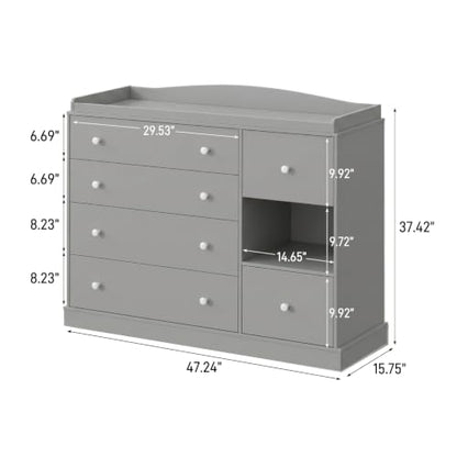 Kids Dresser Cabinet with 6 Drawers, Changing Table for Nursery with Shelf, Multi-Functional Chest of Drawers, Kids Bedroom Furniture, Nightstand for Children's Room, Grey - color: Grey