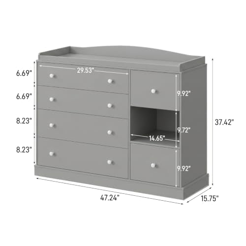 Kids Dresser Cabinet with 6 Drawers, Changing Table for Nursery with Shelf, Multi-Functional Chest of Drawers, Kids Bedroom Furniture, Nightstand for Children's Room, Grey - color: Grey