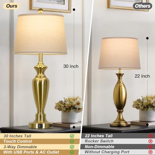 Cinyirong 30" Tall Gold Table Lamps Set of 2, Touch Control Bedside Lamp with USB A+C Ports and AC Outlet, 3-Way Dimmable Modern Metal Nightstand Lamp for Bedroom Living Room, 2 LED Bulbs Included - color: Gold (2 Pack)