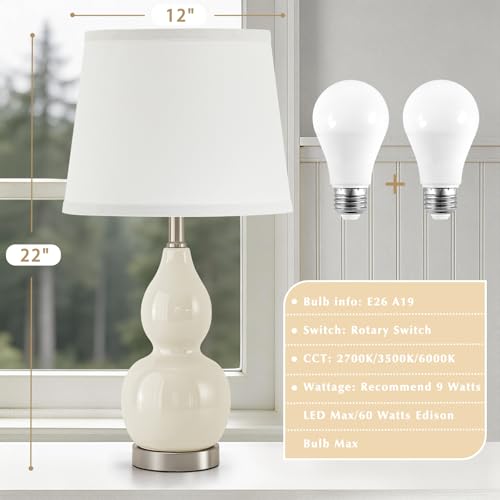 22" Table Lamp Set of 2, Color Temperature Adjustable Double Gourd Ceramic Lamps Classic Nightstand Table Lamps for Bedroom Beside Lamps for Living Room, Cream-Bulbs Included - color: 22.63" Cream Gourd