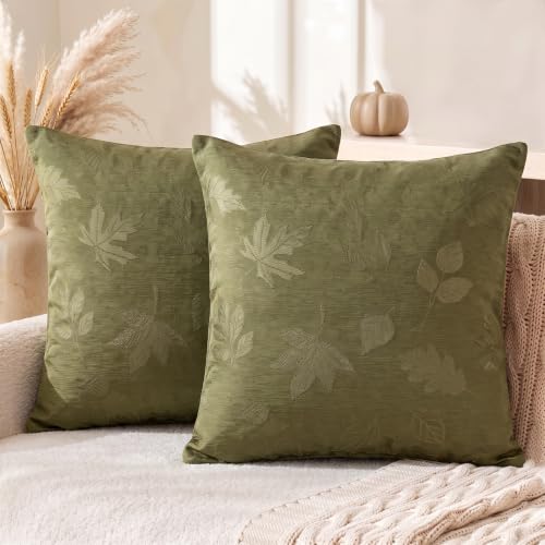 AVOIN colorlife Moss Green Jacquard Decorative Throw Pillow Covers Set of 2, 18 x 18 Inch Maple Leaf Woven Textured Cushion Case Home Decor for Couch Sofa Bed - color: Moss Green