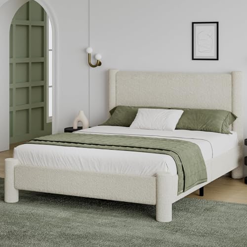 REVOMINCA Queen Boucle Bed Frame with Headboard & Footboard, Cream | Upholstered platform frame has soft rounded corners, needs no box spring, and offers easy assembly. - color: Cream, size: Queen