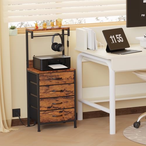 Night Stand with Charger Station, 4 Fabric Drawers and LED Lights | 38'' Tall Bedside Table with Storage Shelf for Bedroom, Office, Metal Frame, Wood Shelves, Rustic Brown Nightstand - color: Rustic Brown