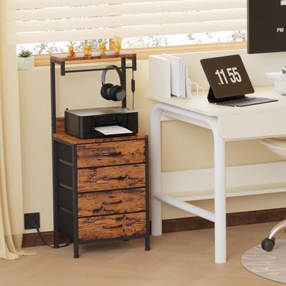 Night Stand with Charger Station, 4 Fabric Drawers and LED Lights | 38'' Tall Bedside Table with Storage Shelf for Bedroom, Office, Metal Frame, Wood Shelves, Rustic Brown Nightstand - color: Rustic Brown