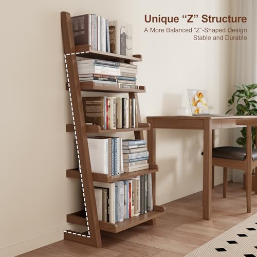 AQIMUELE Walnut Wooden Ladder Shelf with Edges, 5-Tier Modern Leaning Bookshelf Ladder – Stylish Space-Saving Bookcase for Living Room, Bedroom & Home Office - color: Walnut
