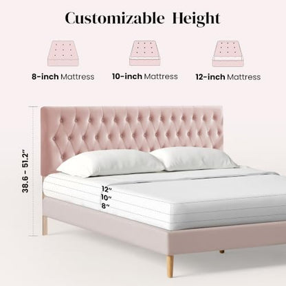 Tufted Upholstered Full Size Bed Headboard in Modern Button Design, Adjustable Solid Wood Head Board, Premium Velvet Fabric Padded Headboards in Bedroom (Pink) - color: Pink, size: Full