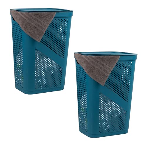 Mind Reader 60L Slim Laundry Hamper, Clothes Basket, Lid, Ventilated, Plastic, Set of 2, Blue - color: Blue, size: 2-Pack
