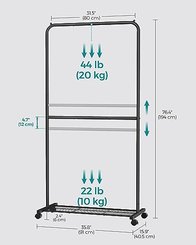 SONGMICS Clothes Rack with Wheels, Double-Rod Clothing Rack for Hanging Clothes, 25.4mm Metal Garment Rack with Dense Mesh Storage Shelf, 110 lb Load Capacity, 2 Brakes, Black UHSR027B01 - color: Black, style: Middle Rod