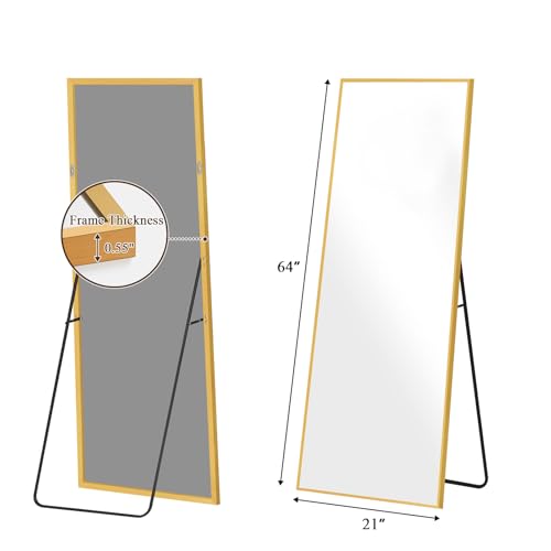 64”x21” Full Length Floor Mirror, Floor Standing Mirror, Gold | Aluminum Alloy Frame, Freestanding, Leaning, Wall Mount, Shatter-Resistant Glass, No Assembly for Bedroom, Living Room - color: Gold, size: 64"L x 21"W