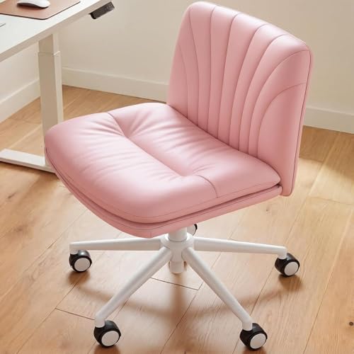 Marsail Armless-Office Desk Chair with Wheels: PU Leather Cross Legged Wide Chair,Comfortable Adjustable Swivel Computer Task Chairs for Home,Office,Make Up,Small Space,Bed Room, Pink - color: Pink