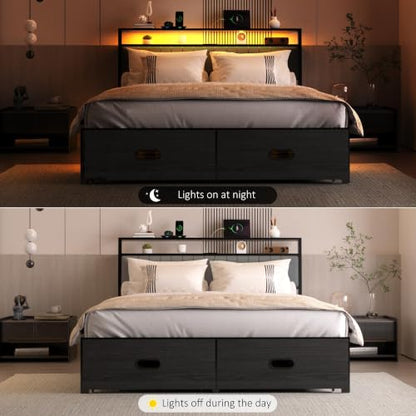 Full Bed Frame with 2 Drawers, Platform Bed Frame with LED Lights and Charging Station, Upholstered Headboard, Heavy Duty Metal Slats, No Box Spring Needed, Noise Free, Easy Assembly - size: Full, style: Fashion