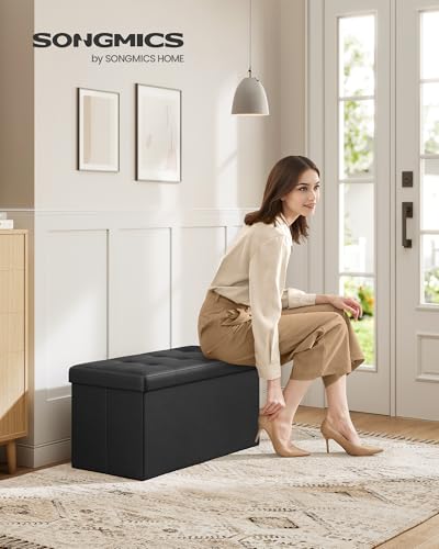 SONGMICS MAZIE Collection - 30 Inches Folding Storage Ottoman Bench, Ottoman with Storage, Foot Rest Stool, Load 660 lb, for Living Room, Synthetic Leather, Black ULSF105 - color: Black, size: 15"D x 30"W x 15"H