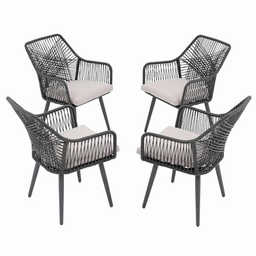 Patio Dining Chairs Set of 4, Woven Patio Chairs with Armrest, Black | All-Weather Woven Rope Rattan & Iron Frame, w/Seat Cushions,350lb Weight Capacity, for Backyard, Deck, Indoor Dining Kitchen - color: Black & Cross Back, size: 4 Pcs-Dining Chairs