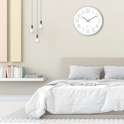 Foxtop Large 14" Wall Clock Silent Battery Operated Clock, Silver | Non-Ticking, Round, Analog Clock, Quartz, Easy to Read, Living Room, Bedroom, Kitchen, Office - color: Silver, size: 14 Inch Quartz