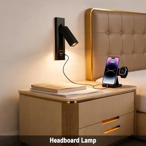Wall Mounted Reading Light with USB, LED Bedside Reading Light with Switch, Adjustable Recessed Headboard Reading Lights Wall Sconce for Reading, Hardwired Reading Spotlight for Bedroom (Black) - color: Wall light-Black