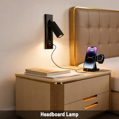 Wall Mounted Reading Light with USB, LED Bedside Reading Light with Switch, Adjustable Recessed Headboard Reading Lights Wall Sconce for Reading, Hardwired Reading Spotlight for Bedroom (Black) - color: Wall light-Black