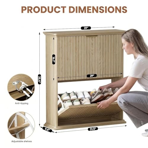 Natural Wood Slim Shoe Storage Cabinet with Fluted Doors,31.5" Modern Hidden Shoe Rack with 2 Flip Drawers,Rounded Corners,Wall-Mounted Narrow Shoe Organizer - color: Oak, size: 31.5"D x 9.8"W x 35.4"H（Fluted）