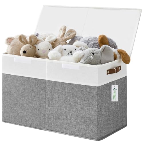 Large Toy Storage Box with Lids, Collapsible Sturdy Baby Storage Organizer Chest Bin Basket for Kids, Boys, Girls, Playroom, Nursery, Bedroom, Closet 25"x13"x16" (Gray and White) - color: Gray and White