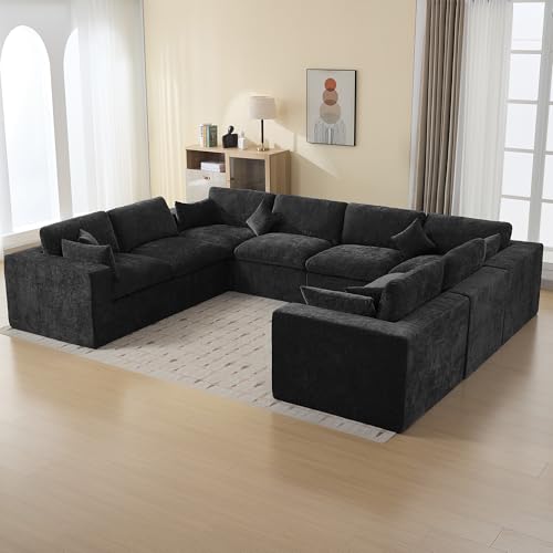 146''Cloud Boneless Sectional Couch, Modular Sectional Sofa Deep Seat, Oversized Upholstered Convertible Comfy 8 Seater Chenille Memory Foam Sofa U Shape Couches for Living Room, Dark - color: Dark, size: 146"/8 Seater