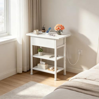 WLIVE 3-Tier End Table with Charging Station Flip Top Narrow Nightstand | 2 USB Ports+2 AC Outlets; Flip Top Hidden Storage; 2 Open Shelves; Small Space Living Room Bedroom; Sturdy Carbon Steel Frame - color: White
