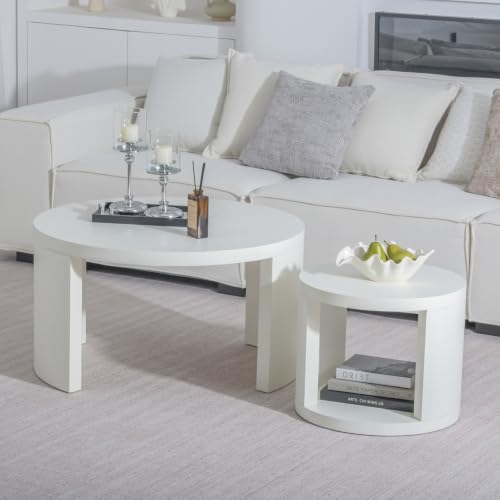 Round Nesting Coffee Table Set of 2, 31.5 & 18 in, Textured White | White nesting coffee table, round coffee tables for living room, 2 in 1 nesting tables, rounded edges, space-saving design - color: Textured White