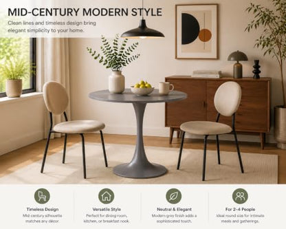 31.5" Grey Round Dining Table, Tulip Pedestal Dining Table for 2-4 | Small Space Dining Table with Grey MDF Round Top, Tulip Pedestal Base, Seats 2-4 for Apartments and Breakfast Nooks - color: Grey