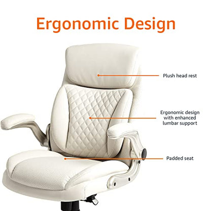 Amazon Basics Ergonomic Executive Office Desk Chair with Lumbar Support, Flip-up Armrests, Adjustable Height, Cream Leather - color: Cream