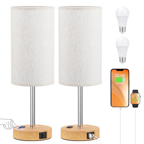 Touch Bedside Table Lamps Set of 2 - Bedroom Lamp with USB A+C, AC Outlet | 17" Tall Nightstand Lamp for Dorm, 3-Way Dimmable, LED Bulb Included, Linen-Texture Fabric Lampshade, Wood-Grain Metal Base - color: Wood Base Cream Shade, size: 17.4In