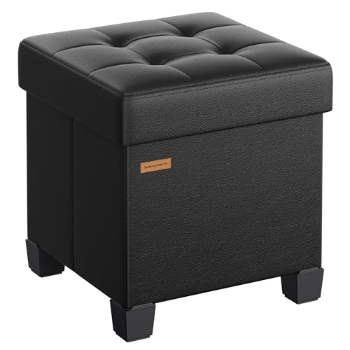 SONGMICS Storage Ottoman, Cube Ottoman with Legs, 15 x 15 x 15.7 Inches, Footstool, Footrest, 10 Gal. (37 L), Synthetic Leather, for Bedroom, Living Room, Dorm, Ink Black ULSF0512B02 - color: Ink Black