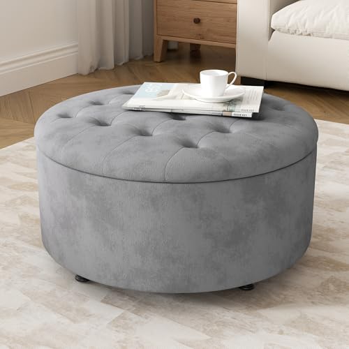 30 Inch Round Storage Ottoman,Modern Tufted Ottomans,Circular Coffee Table with Removable Top,Upholstered Large Ottoman with Storage Footrest Stool for Bedroom Living Room (LIGHTGREY) - color: Lightgrey, size: 30"D x 30"W x 16.9"H