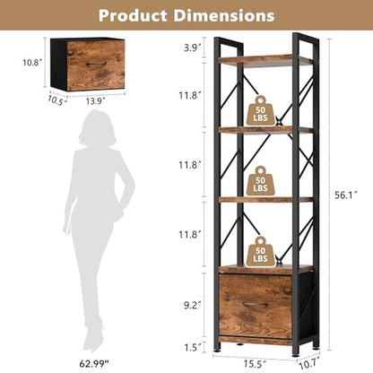 Shintenchi Bookshelf, 5 Tier Bookcase with Drawer, Modern Tall Bookshelves Storage Organizer, Industrial Book Shelves for Bedroom, Living Room, Office, Rustic Brown - size: 15.5'' W x 10.7'' D x 56.1'' H-1 Drawer