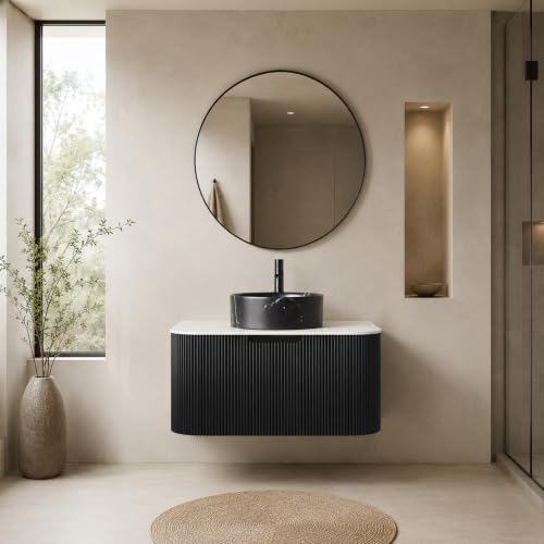 30" Floating Bathroom Vanity with Sink, Wall Mounted Plywood Cabinet, Black Fluted Front, Sintered Stone Countertop, Black Marble-Look Round Ceramic Vessel Sink, Soft-Close Drawer, Pre-Assembled - color: Black Cabinet / Black Marble Sink, size: 30 Inch
