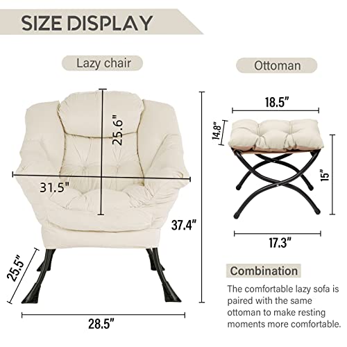 Lazy Chair with Ottoman, Comfy Accent Reading Chair, Velvet Beige | Foldable Footrest,Removable Cover,with Armrests and Side Pockets,Upholstered Lounge Chair for Bedroom,Dorm,Office,Small Space - color: Velvet Beige