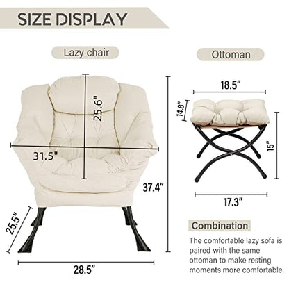 Lazy Chair with Ottoman, Comfy Accent Reading Chair, Velvet Beige | Foldable Footrest,Removable Cover,with Armrests and Side Pockets,Upholstered Lounge Chair for Bedroom,Dorm,Office,Small Space - color: Velvet Beige