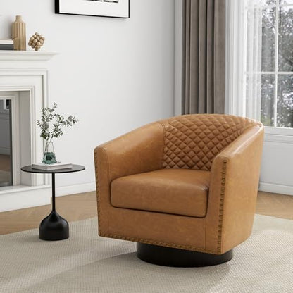 Faux Leather Swivel Accent Chair, Modern Barrel Club Armchair, Coffee | Comfy Living Room Chair, Modern Nailhead Trim Round Armchair Bedroom Reading Seat with Removable Cushion, Wood Frame - color: Retro Coffee