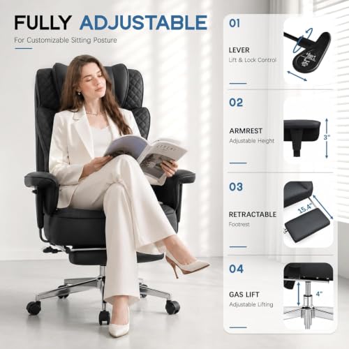 Office Desk Chair, High-Back Big and Tall Leather Chair with Footrest | Ergonomic Reclining Computer Chairs, Comfy Executive Wide Chair with Lumbar Support (Black) - color: Black