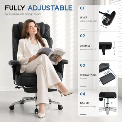 Office Desk Chair, High-Back Big and Tall Leather Chair with Footrest | Ergonomic Reclining Computer Chairs, Comfy Executive Wide Chair with Lumbar Support (Black) - color: Black