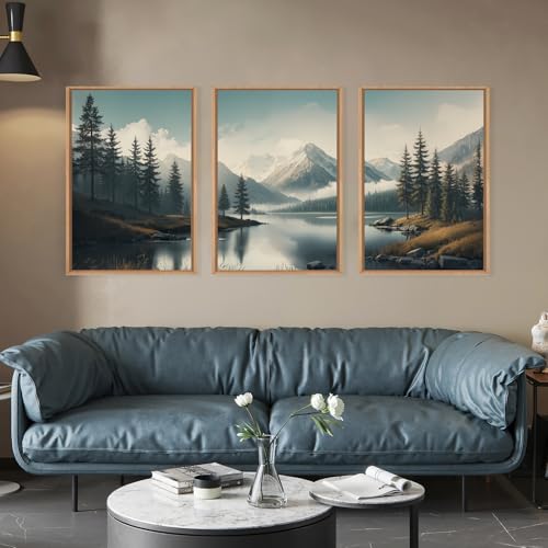 LHIUEM Large Mountain Misty Forest Framed Canvas Wall Art,Nature Ridge Foggy Wall Decor,Snow Lake Woodland Wall Painting,Pine Tree Artwork for Living Room,Bedroom,Dining Room,Office -16"x24"x3 - color: Mountain Misty Lake Wall Art, size: 24"L x 16"W