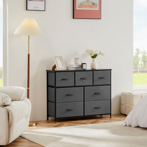 OLIXIS 7 Drawers Fabric Dresser for Bedroom, Storage Tower Organizer | Living Room & Entryway, Sturdy Steel Frame, Wooden Top & Easy-Pull Bins, Closet Chest for Clothes, Classic Grey - color: Grey, size: 11.8"D x 39.4"W x 30"H (7 Drawers)