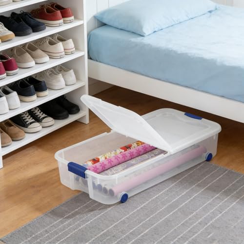 Large Storage Bin 66 Quart, Clear Underbed Storage Container with Latching Lid and 4 Wheels, Blue Plastic Organizer for Bedroom, Closet, or Home